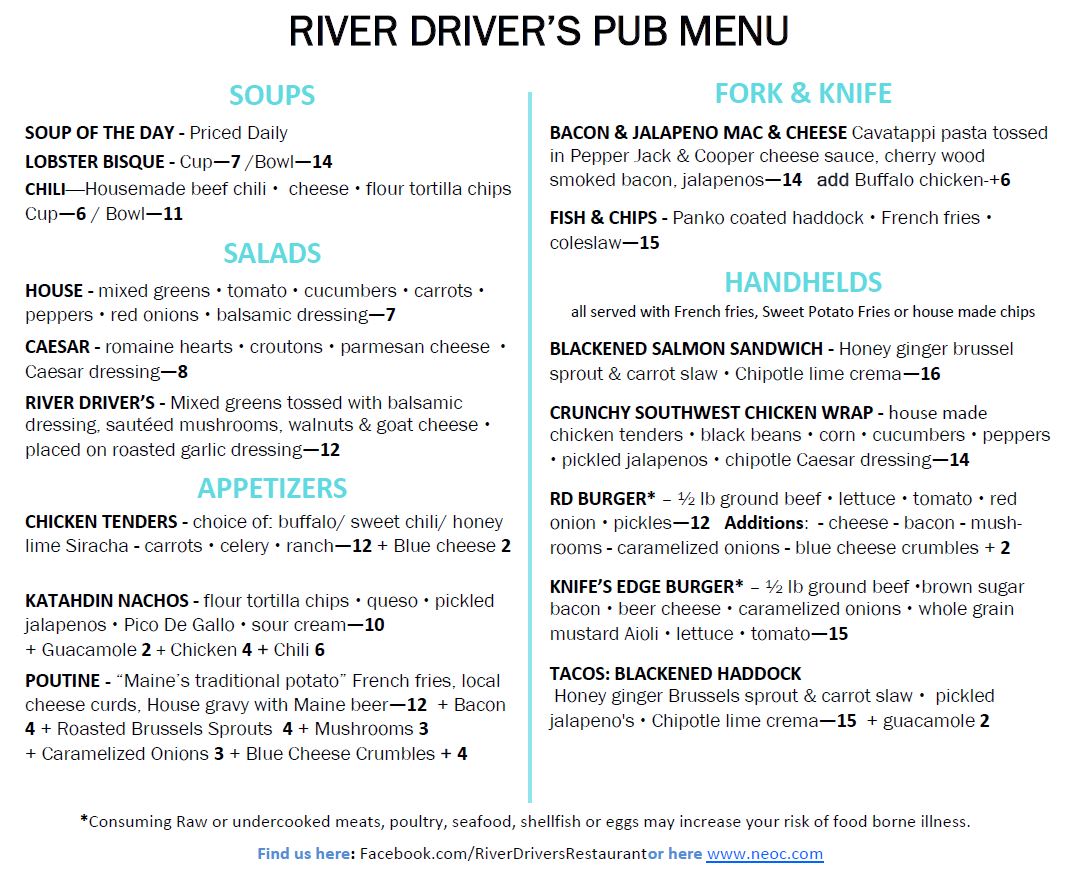 RD Menu Nov 2019 River Driver's Pub menu