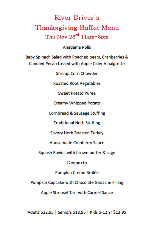 River Driver's Thanksgiving Menu 2017